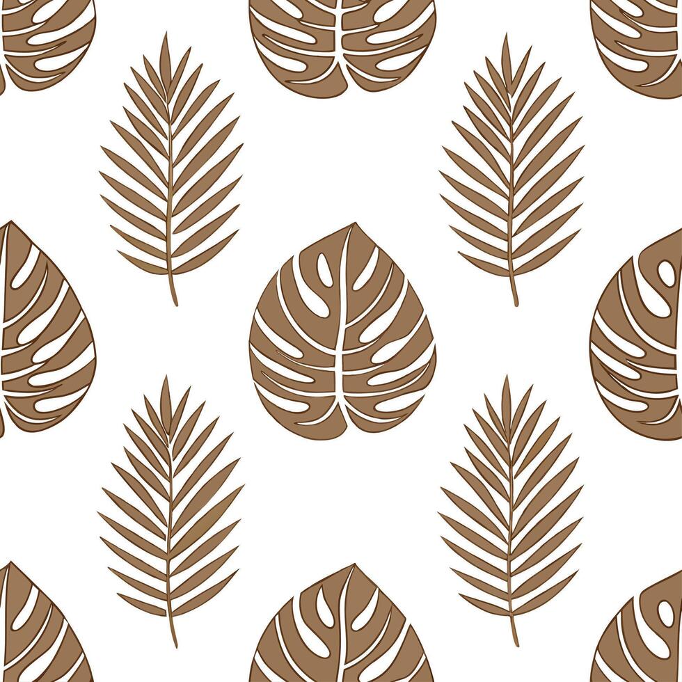 Rustic tropical leaves seamless tile pattern featuring hand drawn monstera and palm leaves with earthy tones ideal for farmhouse kitchens vector