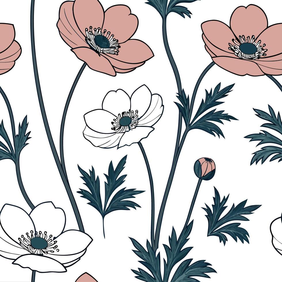 Rustic Anemone seamless pattern with earthy tones and natural textures on white background Set 2 vector