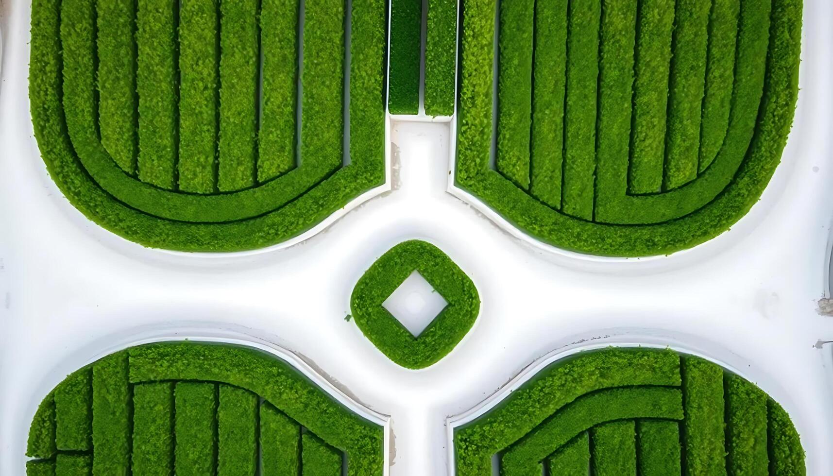 An aerial view of a green lawn with a circular design photo