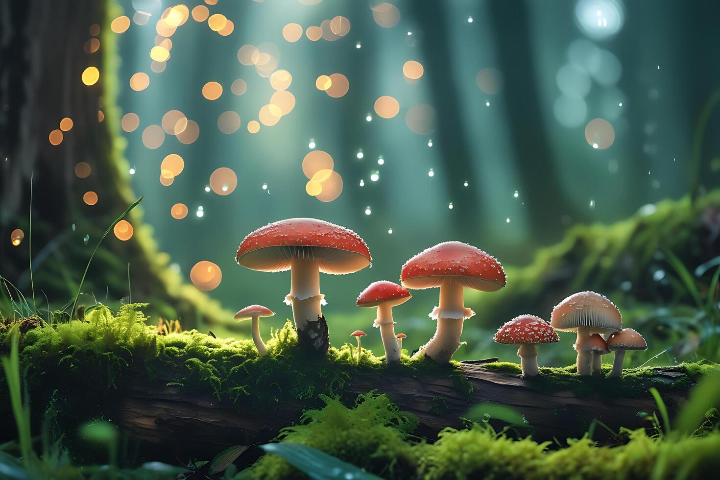 Vibrant mushrooms on a mossy log in a sunlit forest setting. photo
