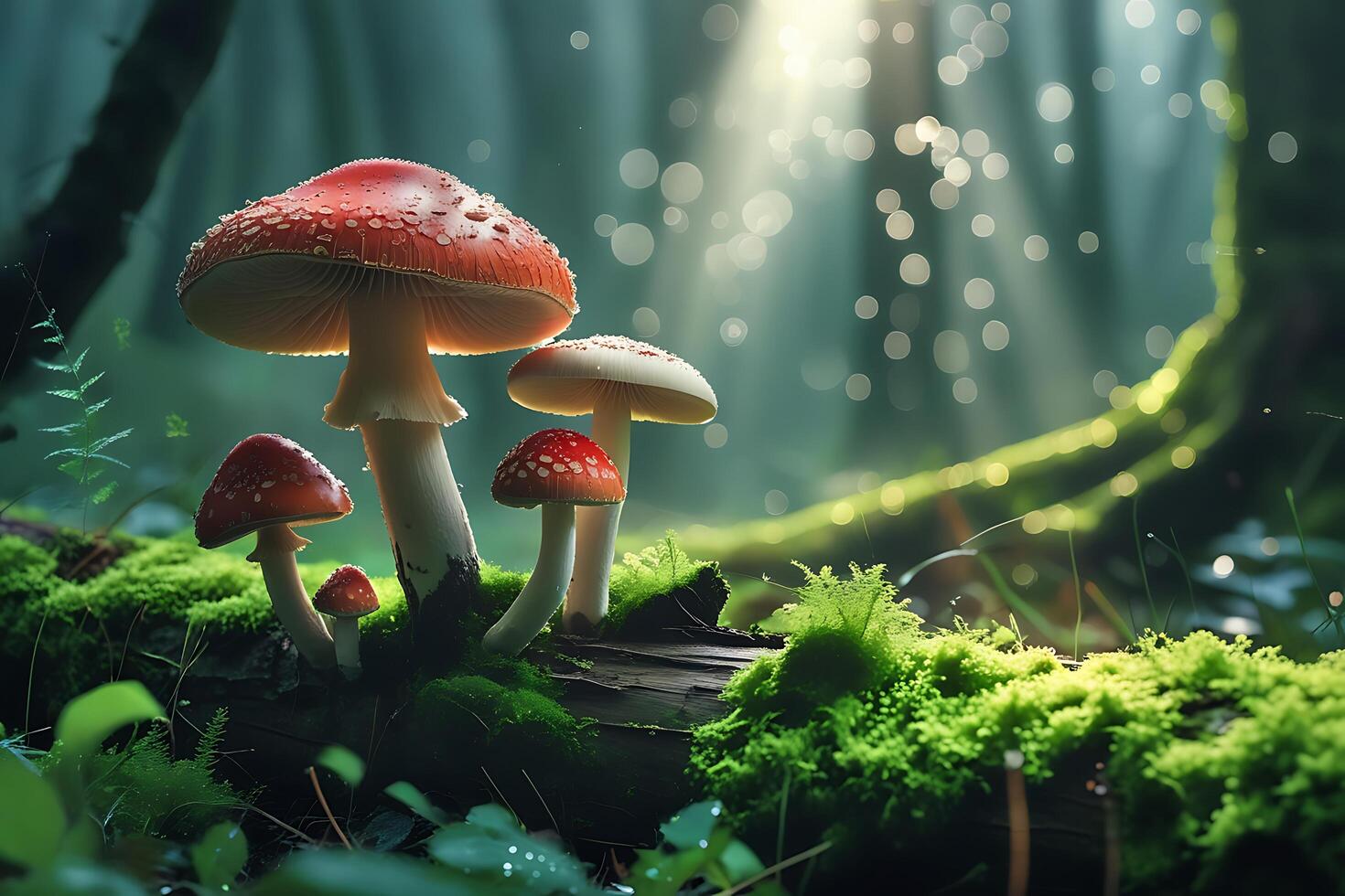 Vibrant mushrooms on a mossy log in a sunlit forest setting, photo