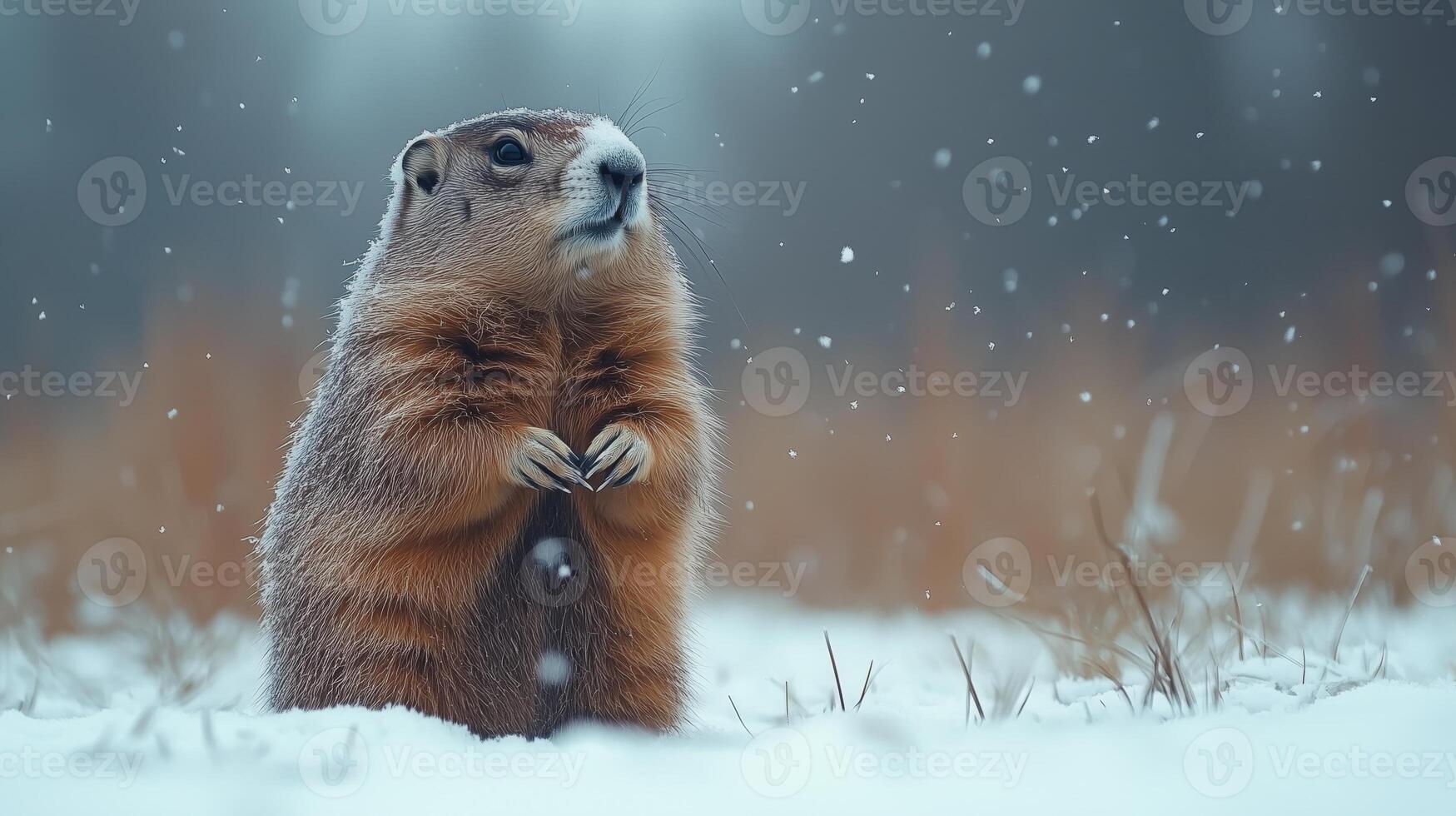 Alert prairie dog in winter snow with falling flakes with copy space photo