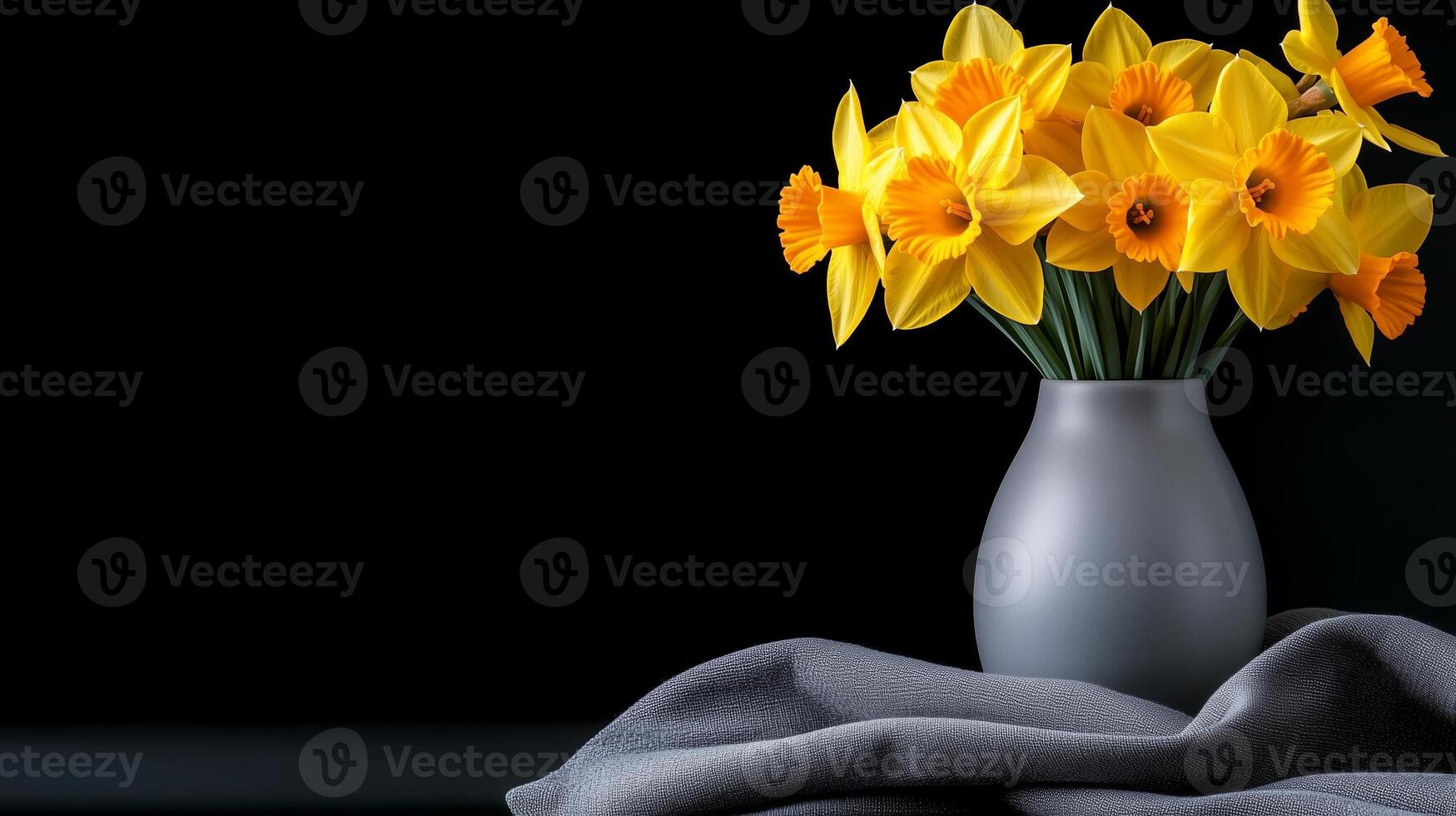 Vibrant yellow daffodils in gray vase on dark background with copy space. Greeting card for St. Davids day and womens day photo