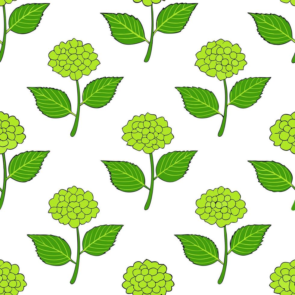 Tropical hydrangea seamless tile pattern with lush green stems and vibrant hydrangea clusters on white background ideal for sunny lounges vector