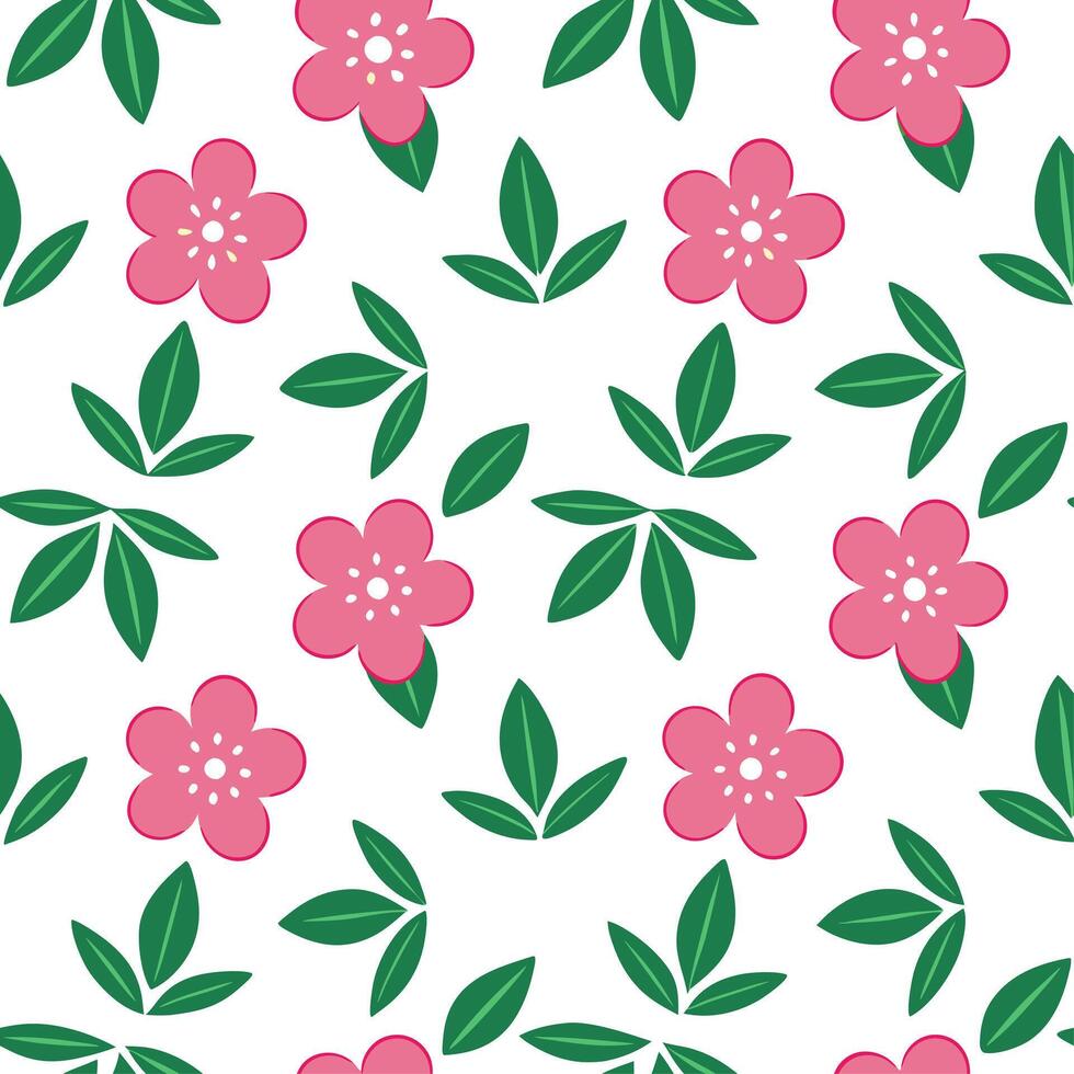 Tropical cherry blossom seamless tile pattern with bright pink blossoms and lush green foliage on white background ideal for sunny lounges vector