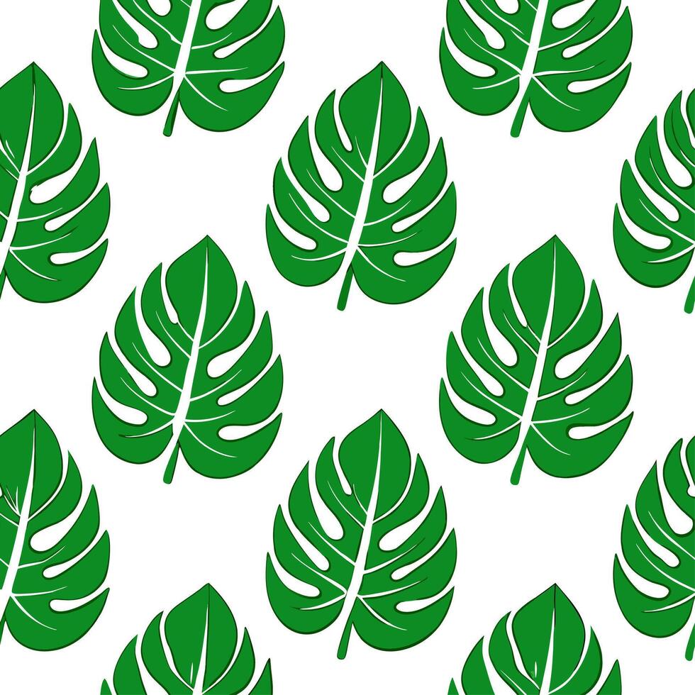 Tropical leaf repeat seamless tile pattern with vibrant green leaves on a white background suitable for beach themed spaces vector