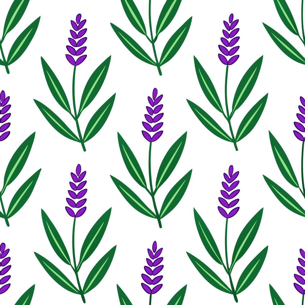 Tropical lavender seamless tile pattern with lush green leaves and vibrant lavender centers on white background ideal for sunny lounges vector