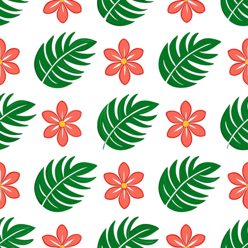 Tropical blossom seamless tile pattern with vibrant flowers and lush green leaves on a white background perfect for vibrant lounges vector