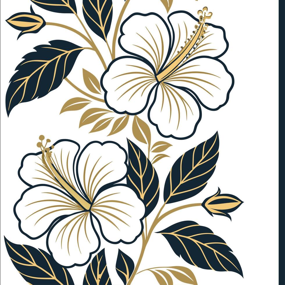 Tropical hibiscus seamless tile pattern with lush green stems and vibrant hibiscus clusters on white background ideal for sunny lounges vector