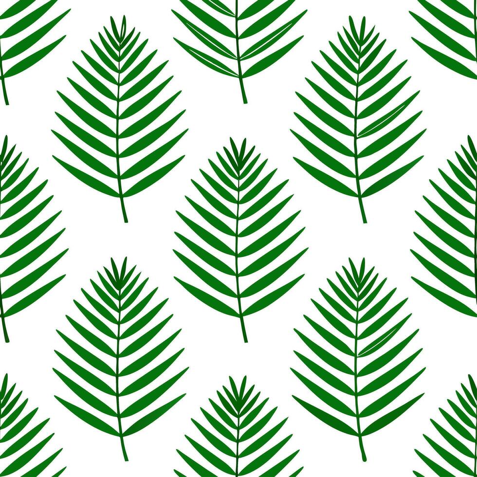 Tropical fern seamless tile pattern with vibrant green ferns and tropical leaves on a white background ideal for sunny kitchens vector
