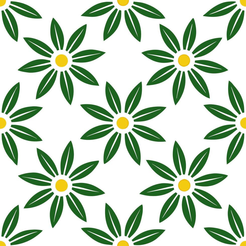 Tropical daisy seamless tile pattern with lush green leaves and vibrant daisy centers on white background ideal for sunny lounges vector