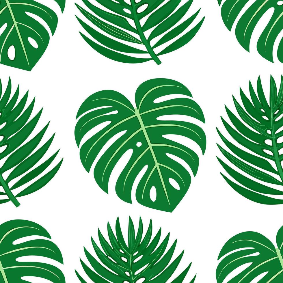 Tropical leaves seamless tile pattern with oversized monstera and palm leaves and vibrant green hues for bold statement walls vector