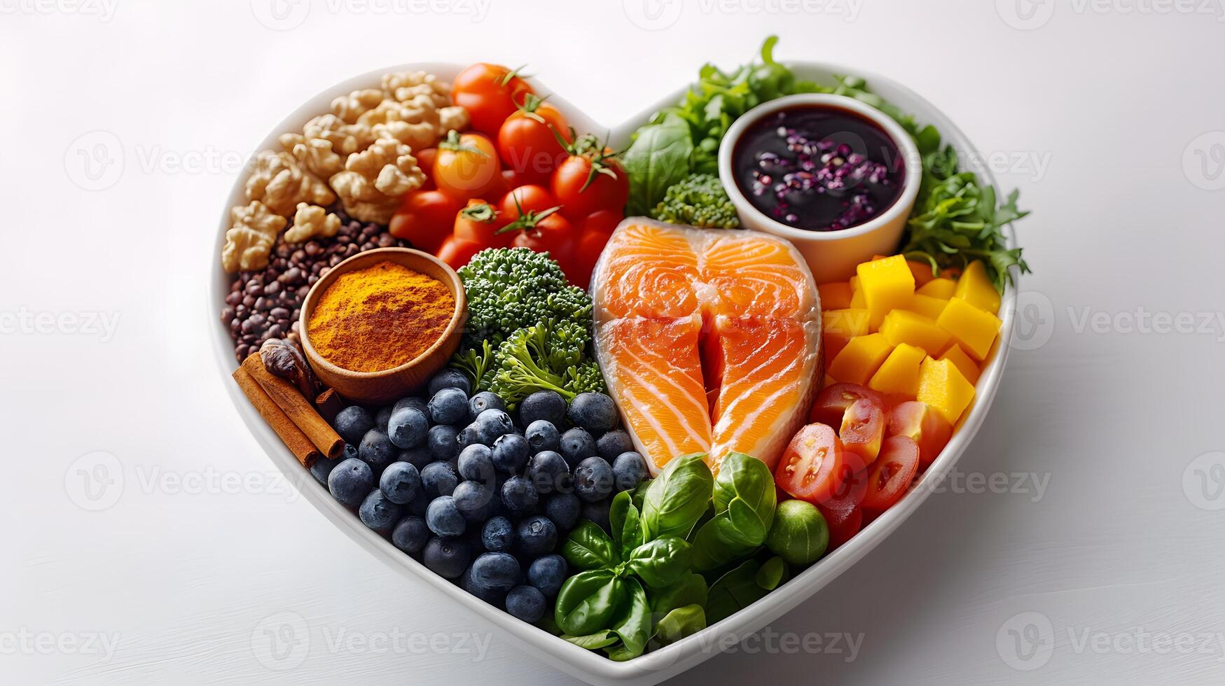 Heart shaped plate with healthy foods including vegetables meat on white background photo
