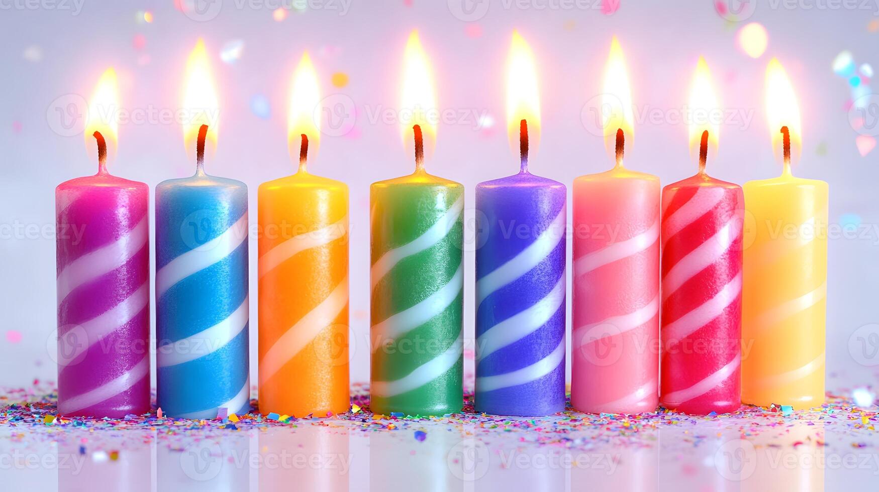 Colorful celebration birthday cake with colorful birthday candles and sparklers against a blue background photo