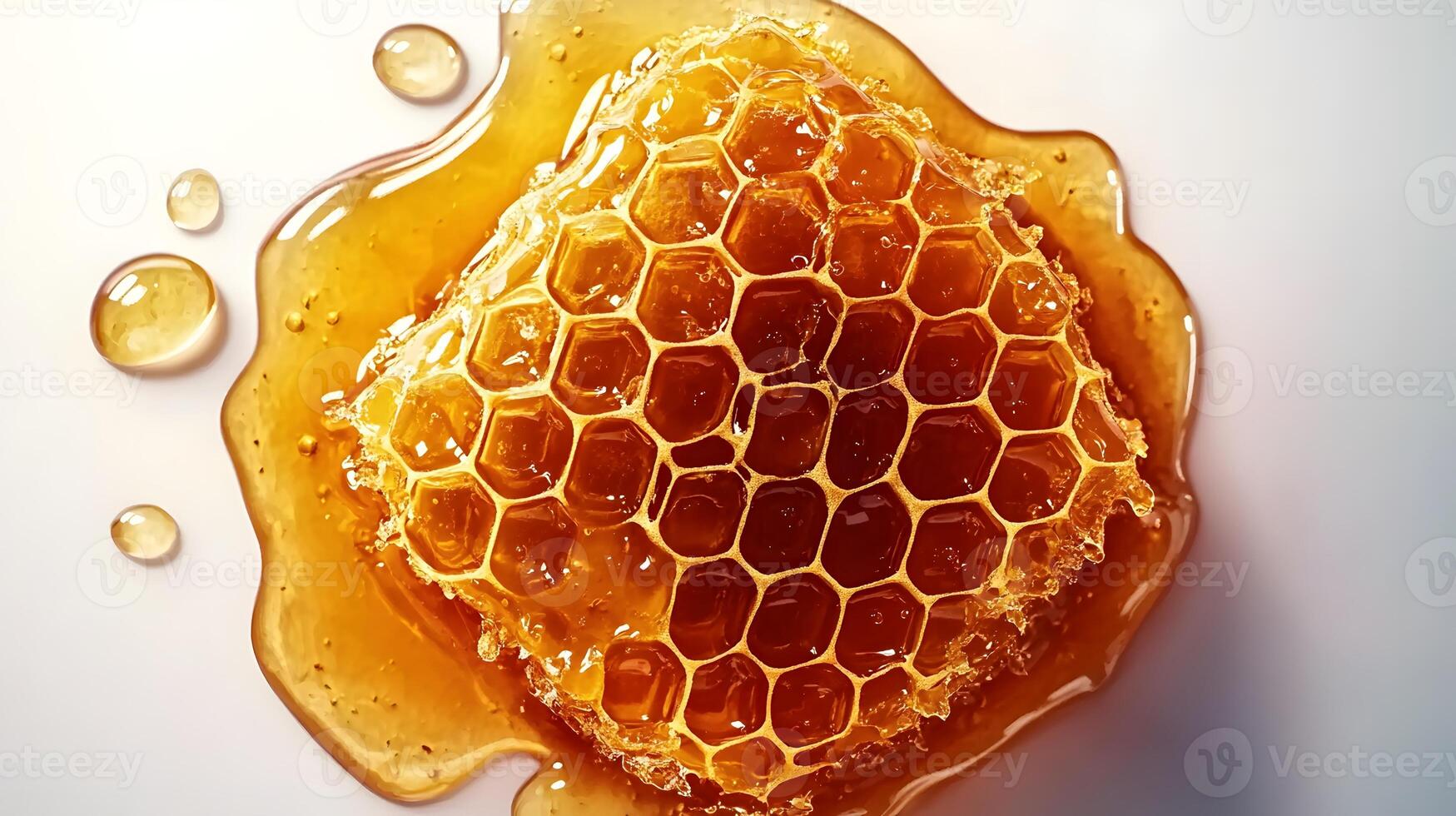 Honeycomb with flowing honey syrup isolated on white background Flat Lay photo