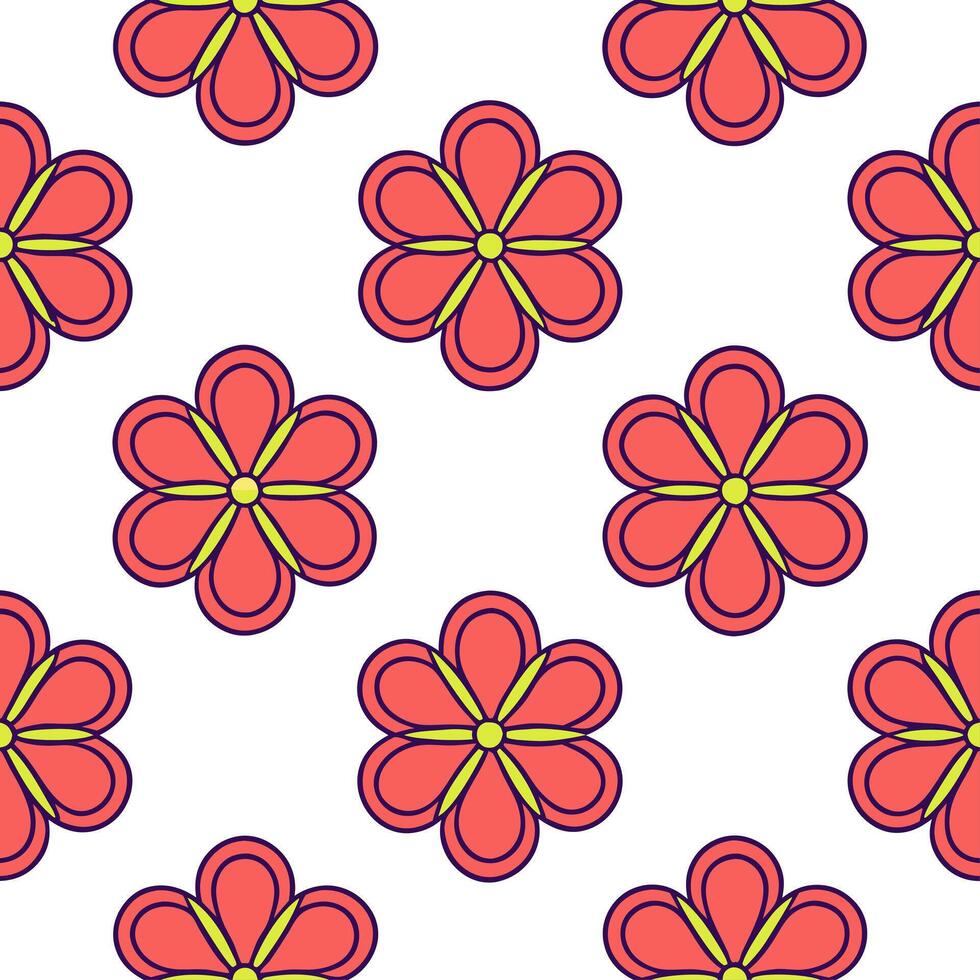 Retro pop art geranium seamless pattern with bold outlines and vibrant colors on white vector