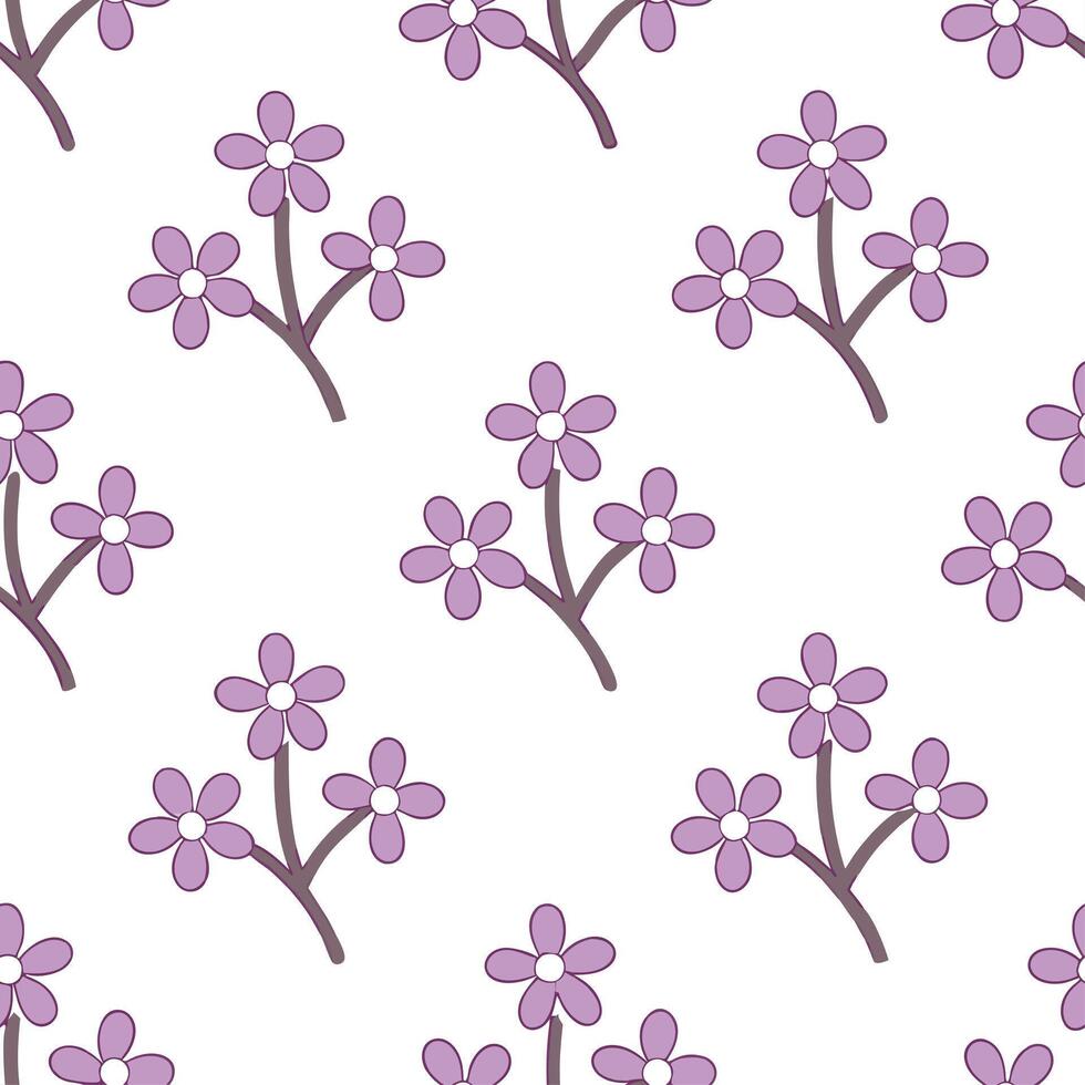 Hand drawn lilac branches seamless tile pattern whimsical isolated white background ideal for playful designs kids apparel stationery crafts vector