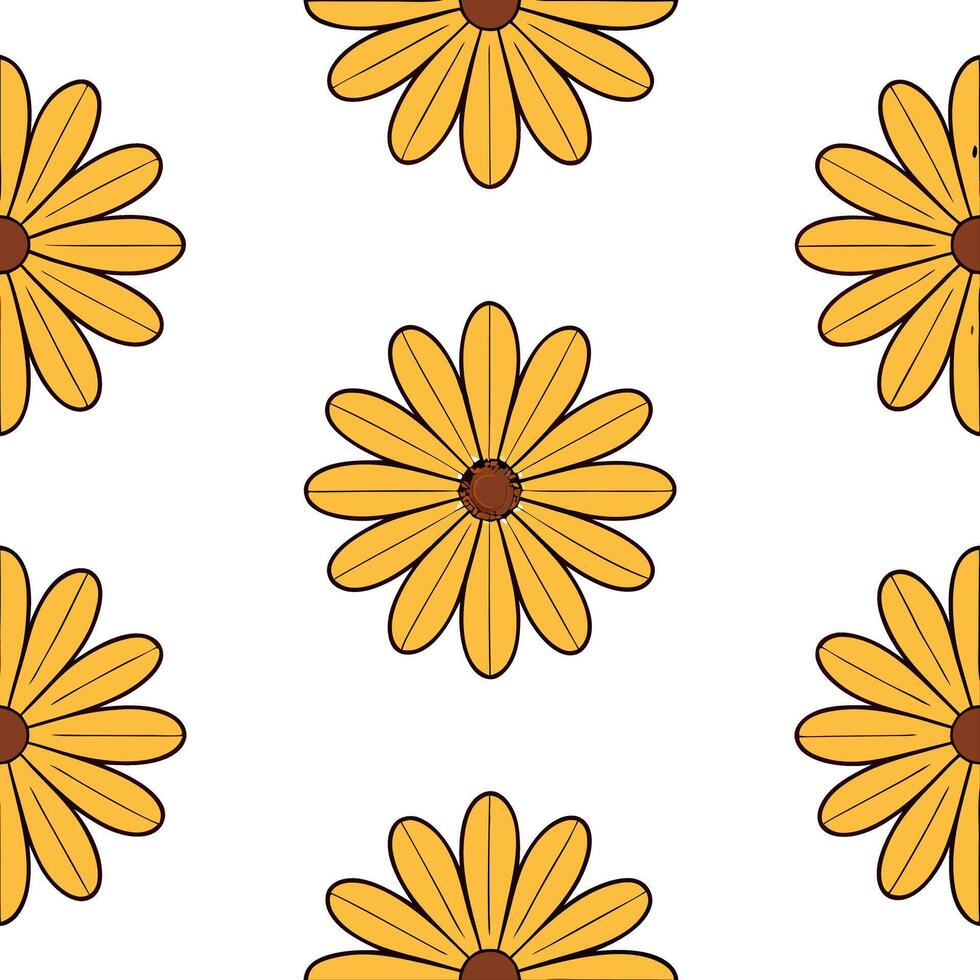 Hand drawn calendula petals seamless tile pattern whimsical isolated white background ideal for playful designs kids apparel stationery crafts vector