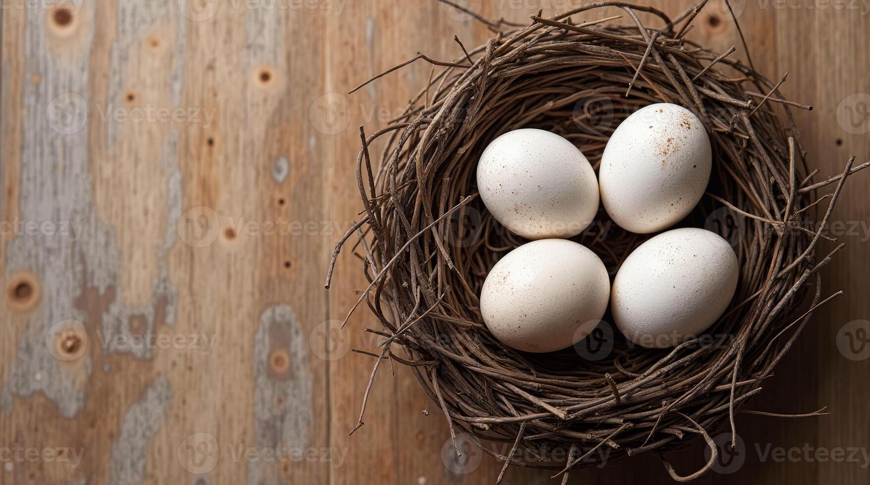 Close-up of four white eggs in a twig nest, placed on a rustic wooden surface. Natural and organic concept with earthy tones. Mockup, template for Easter for copy space. photo