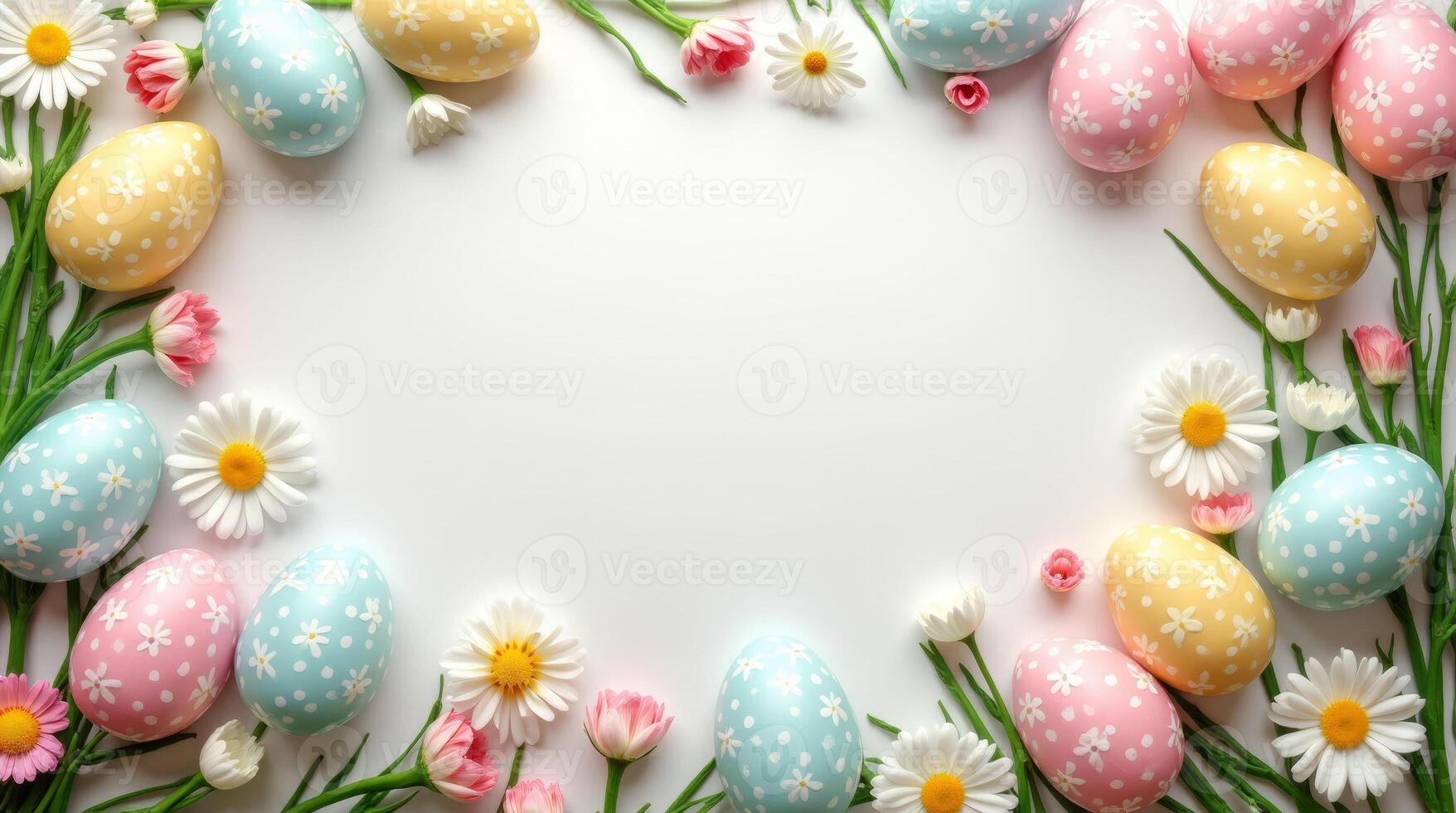 Decorated Easter eggs with floral patterns arranged with daisies and green stems on a white background. Mockup, template for Easter for copy space. photo