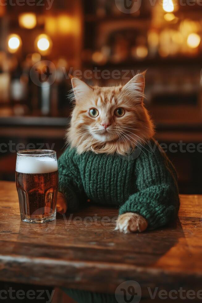 Adorable ginger cat wearing a cozy green sweater photo