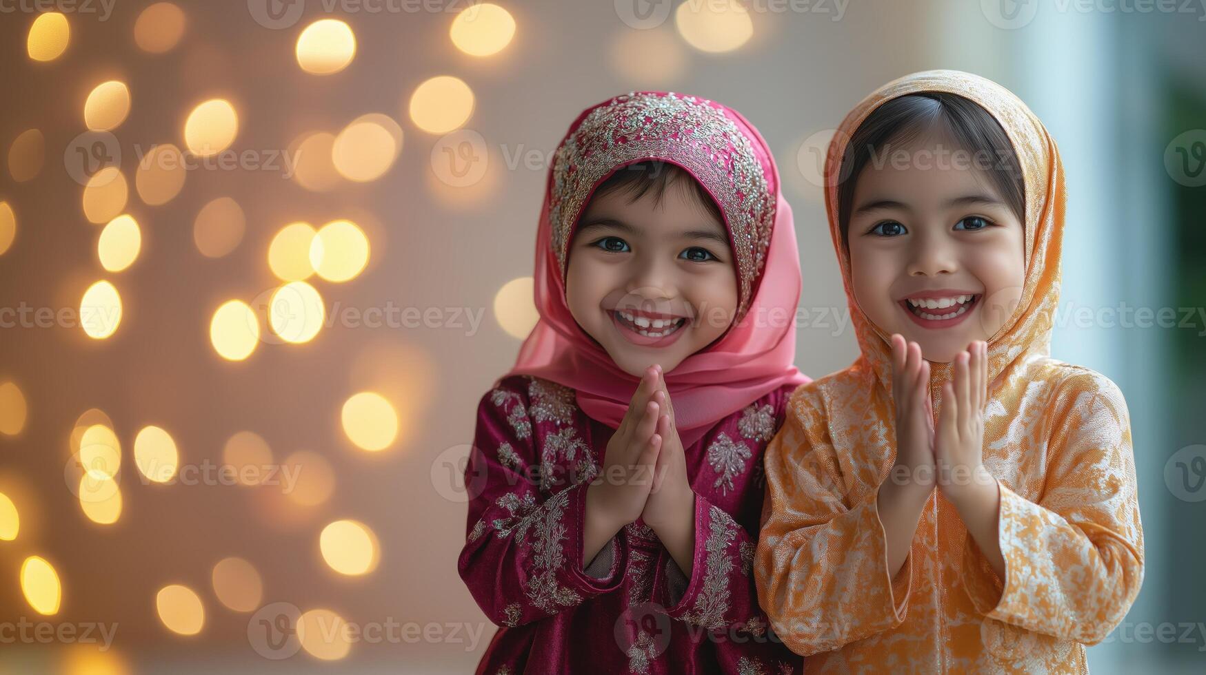 Two smiling girls wearing traditional hijabs photo