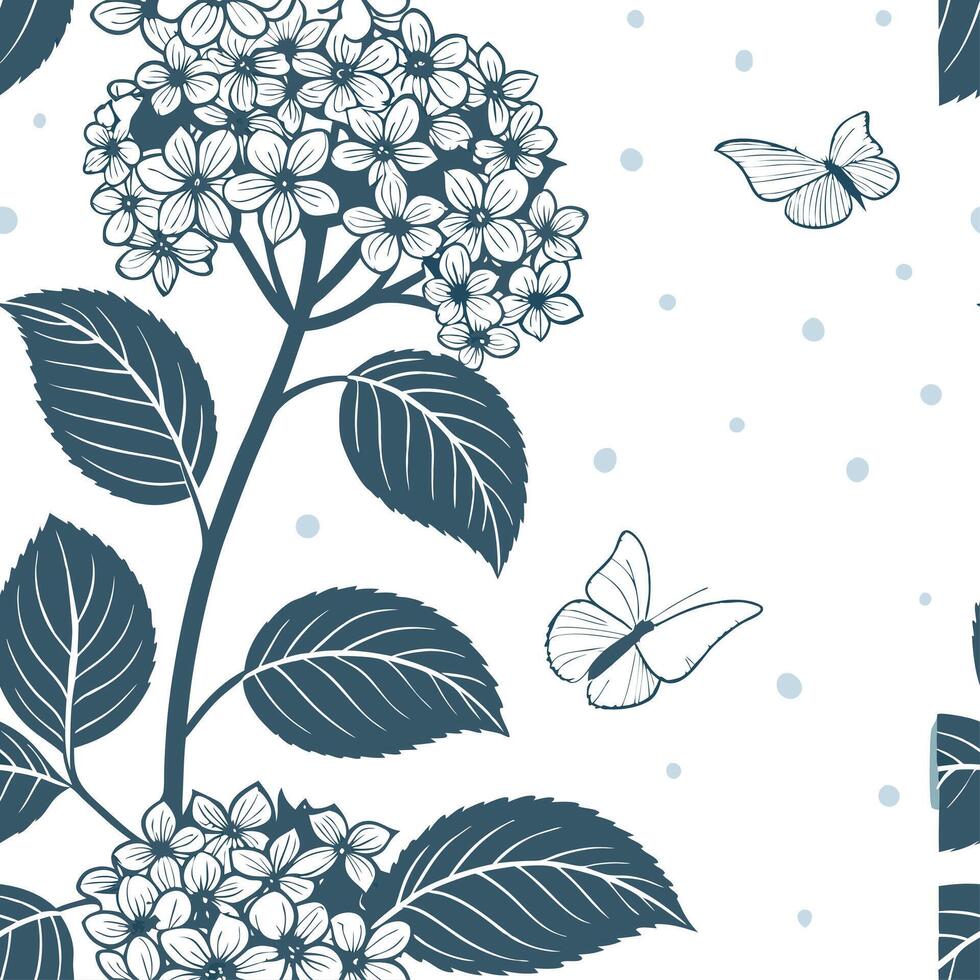 Industrial hydrangea seamless tile pattern with bold lines and metallic accents on white background ideal for modern lofts vector