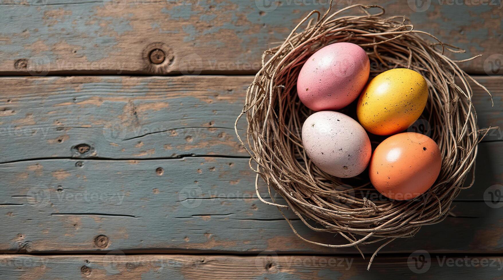 Four colorful speckled eggs in a nest, placed on a rustic wooden background. Concept of Easter, nature, and spring. Mockup, template for Easter for copy space. photo