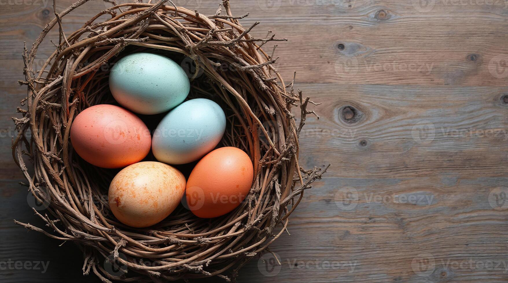 Five colorful eggs resting in a rustic twig nest on a weathered wooden surface, evoking a natural and festive Easter concept. Mockup, template for Easter for copy space. photo