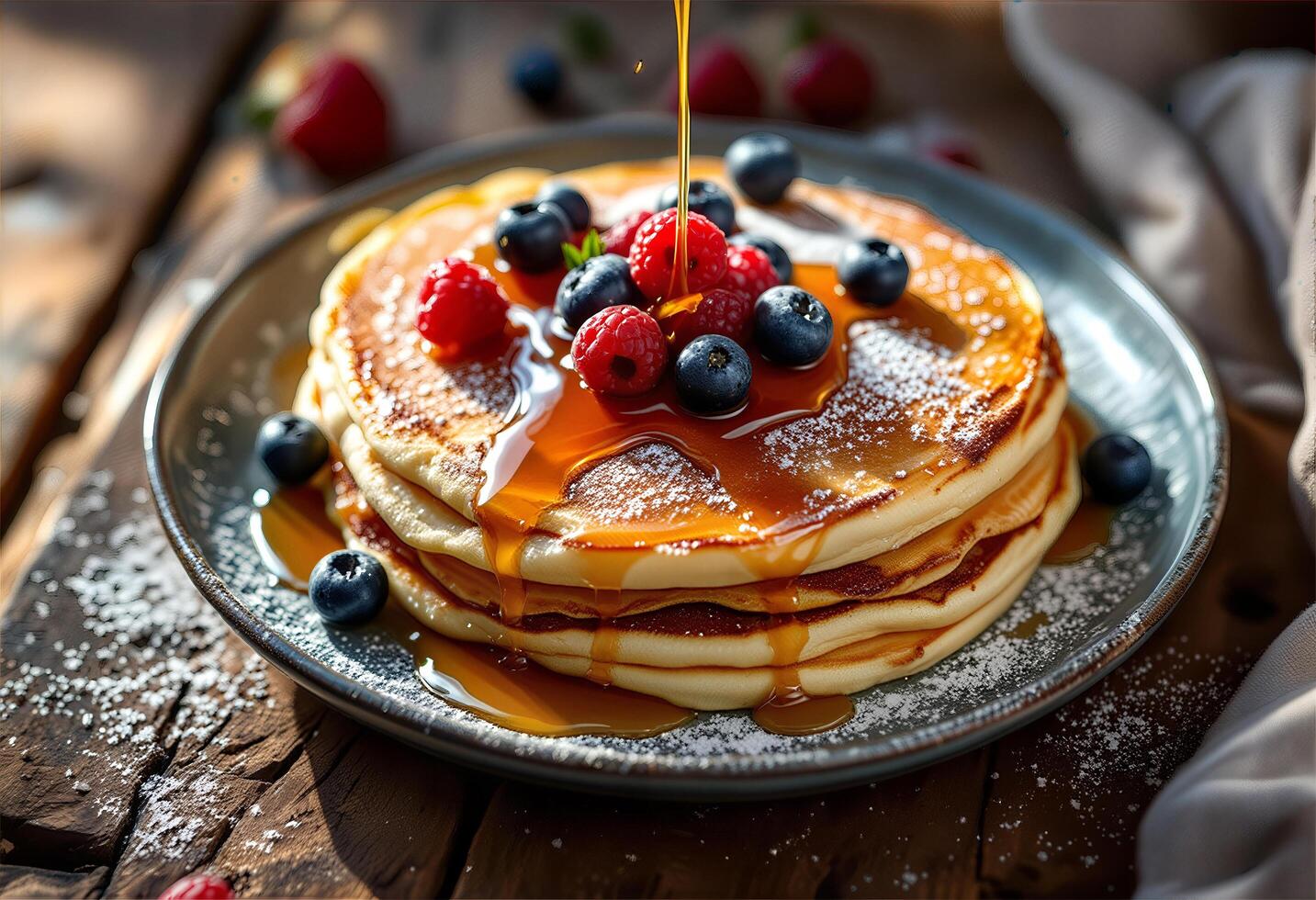 A fluffy pancake decorated with pieces of berries and maple syrup photo