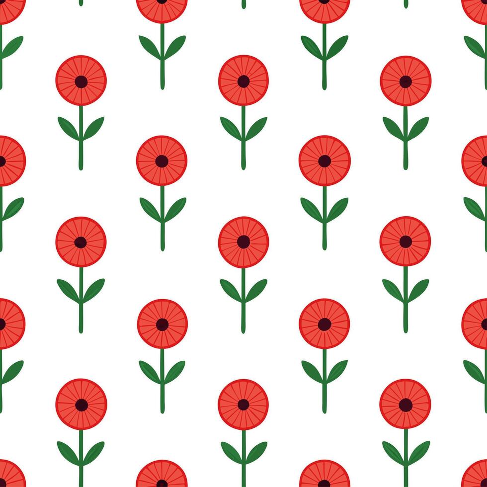Elegant poppy seamless tile pattern with vibrant red petals and green stems on white background ideal for luxurious bathrooms vector