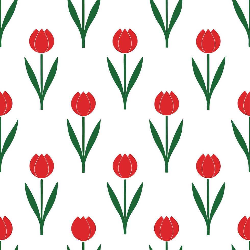 Elegant tulip seamless tile pattern with graceful red blooms and green stems on white background ideal for luxurious bathrooms vector