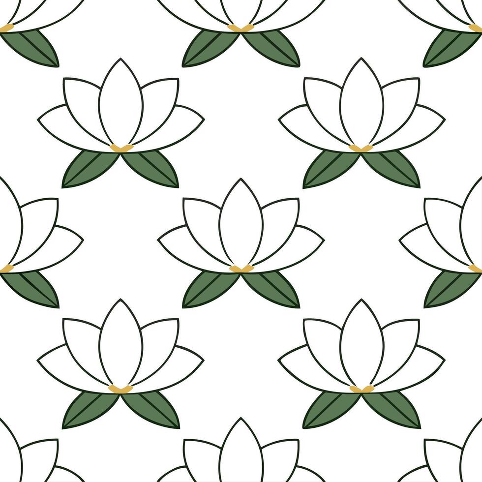 Elegant magnolia seamless tile pattern with large white blooms and subtle green leaves on white background ideal for luxurious bathrooms vector