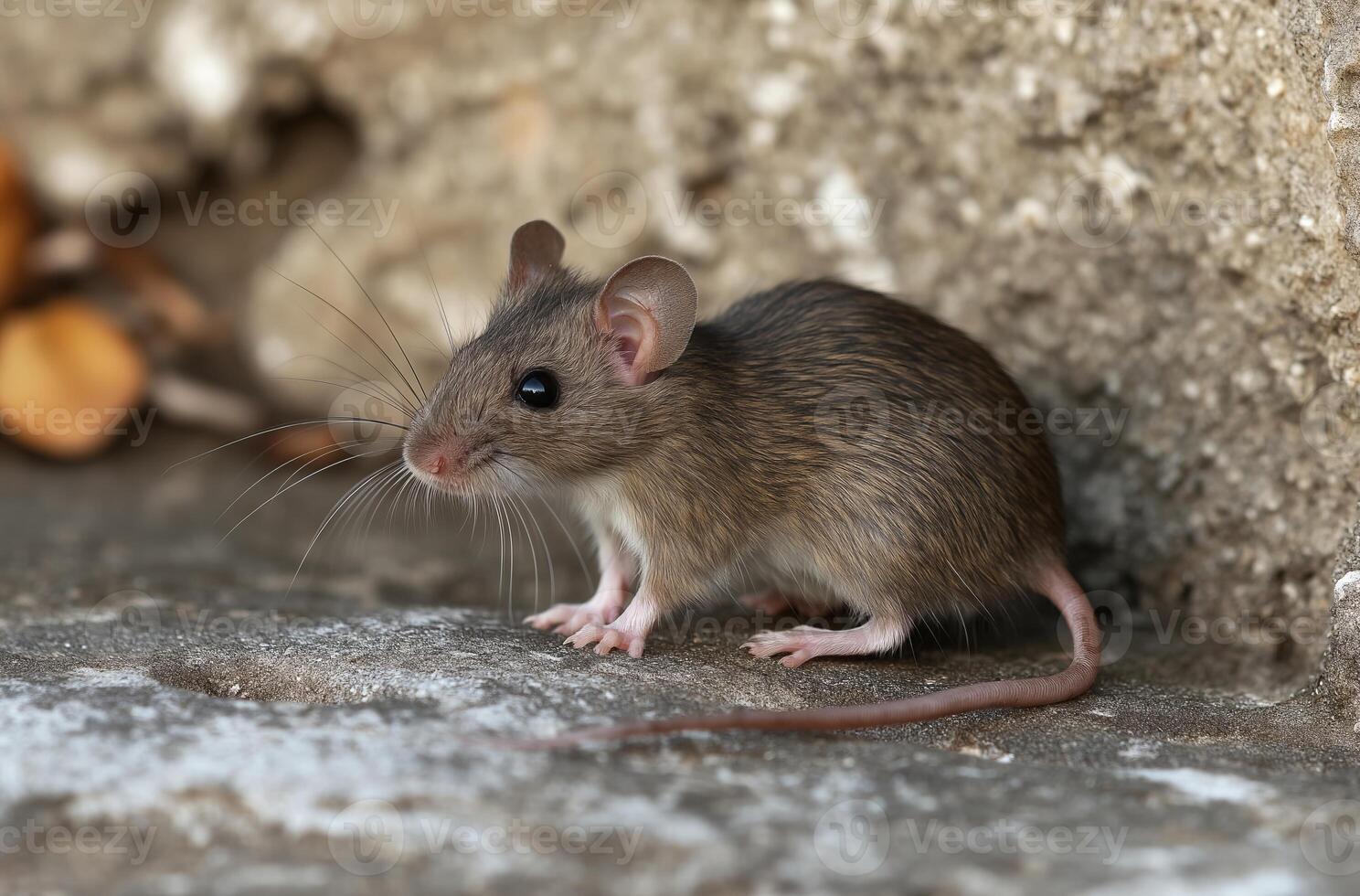 Small wood mouse exploring concrete surface near wall photo