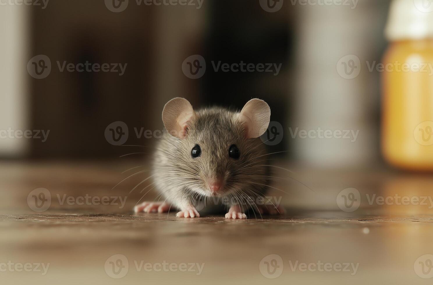 Small mouse sitting on wooden table top photo