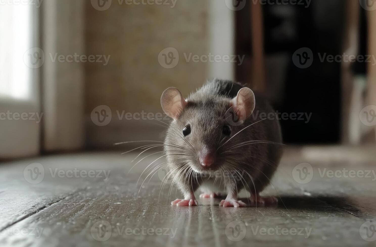 Curious rat exploring a wooden floor in a house photo