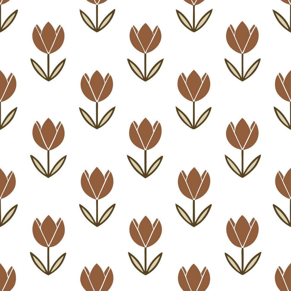 Country tulip seamless tile pattern with rustic tulips and earthy tones on white background ideal for farmhouse kitchens vector