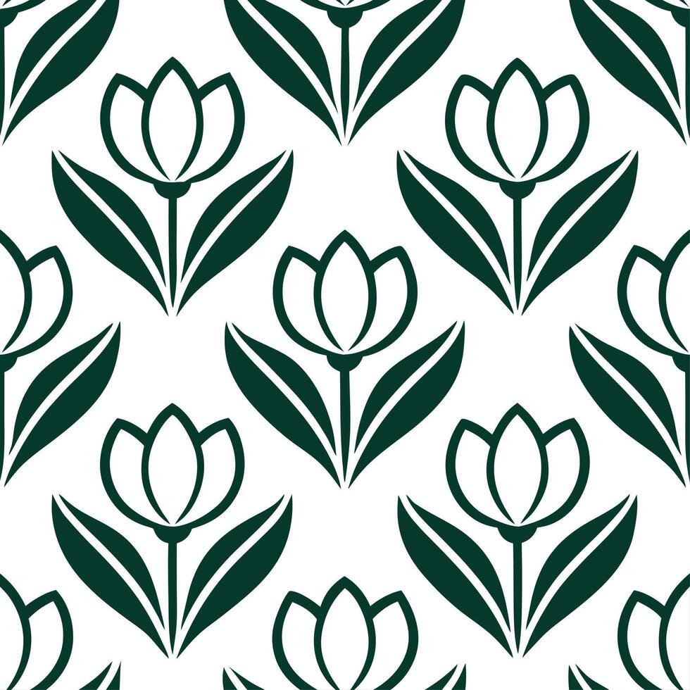 Classic tulip seamless tile pattern with traditional tulips and rich green accents on white background ideal for timeless interiors vector