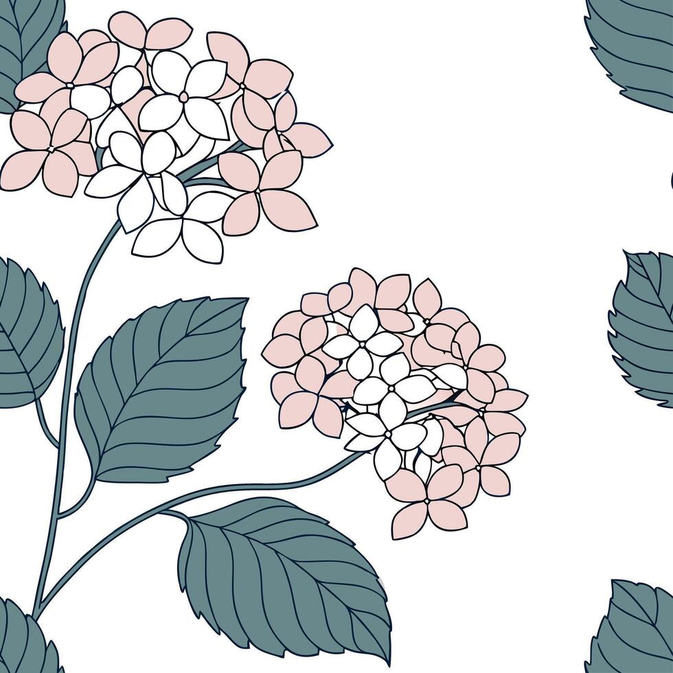 Botanical garden hydrangea seamless tile pattern with various hydrangea species in natural blues on white background perfect for serene spaces vector