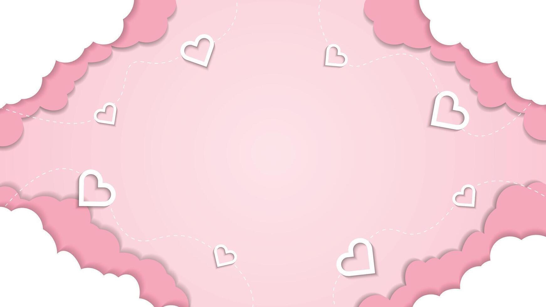 Romantic Pink Valentine Background with Hearts and Clouds in Paper Cut Design vector