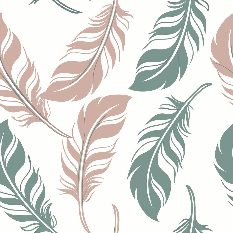 Explore delicate hand-drawn feather seamless pattern for nature-inspired fashion design in soft color palette aesthetic vector