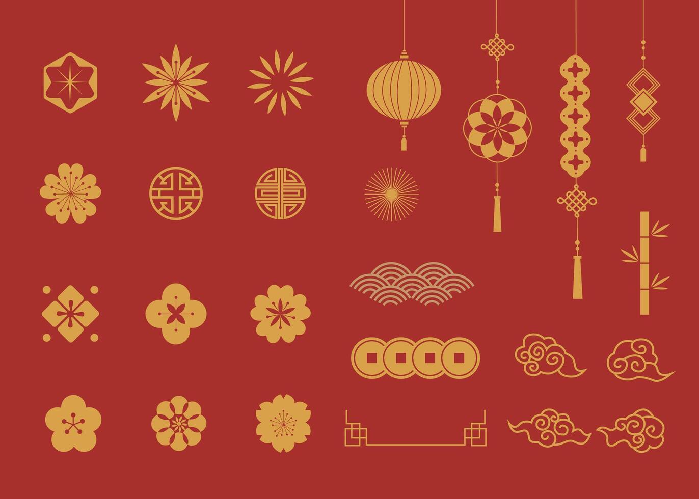 Set of Chinese New year decorations, flowers, lanterns, clouds, elements and icons vector