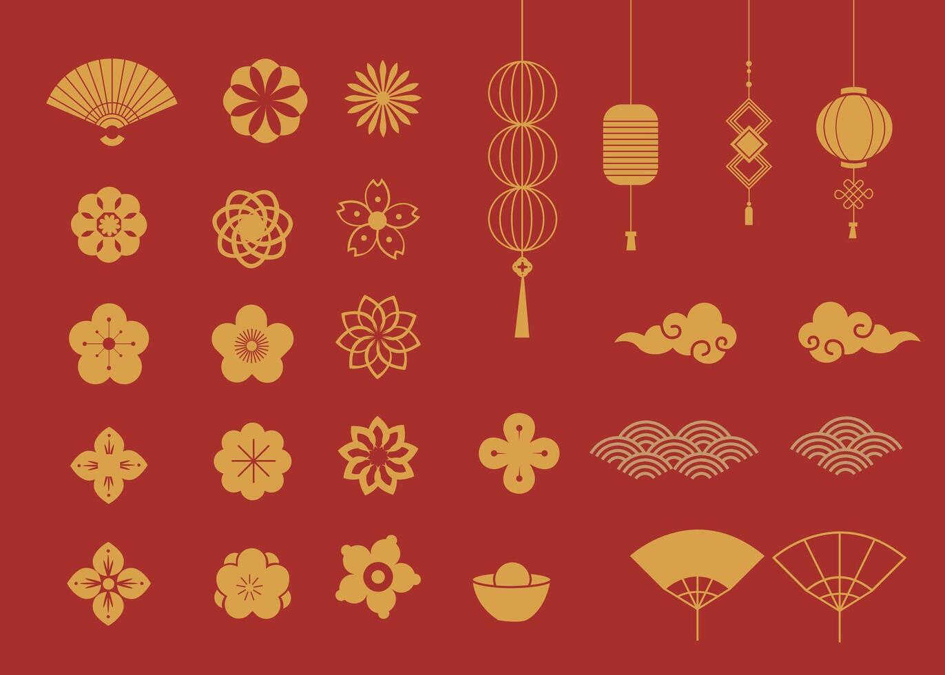 Chinese New Year Icons set. Wave, flower,lantern, fan, coin, firework, icons of Asian Lunar New Year holiday decoration element. vector