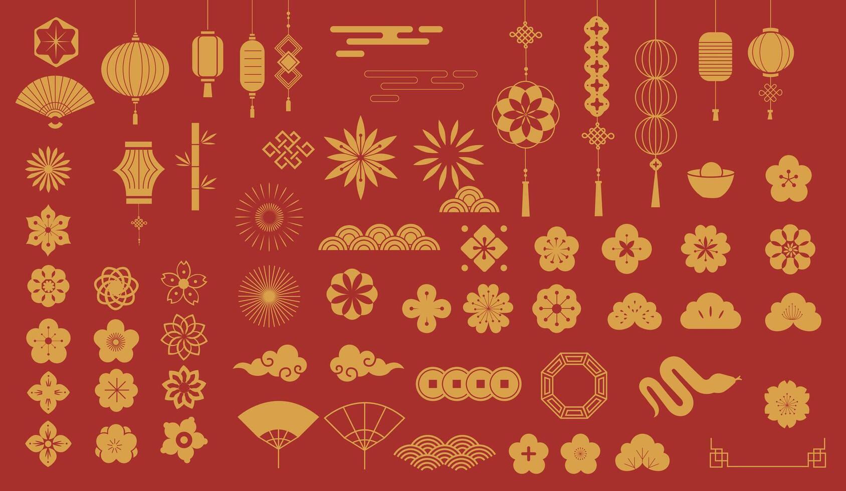 Chinese New Year Icons Ultimate set. Wave, flower, lantern, fan, snake, cloud, fan, coin, firework, icons of Asian Lunar New Year holiday decoration element vector