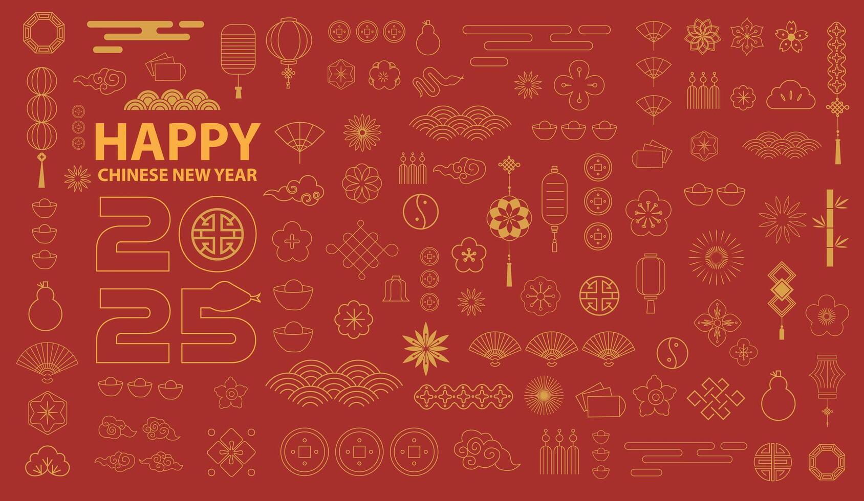 Happy New Year 2025 logo text design in Chinese style with line art . Snake zodiac sign, symbol of 2025. vector