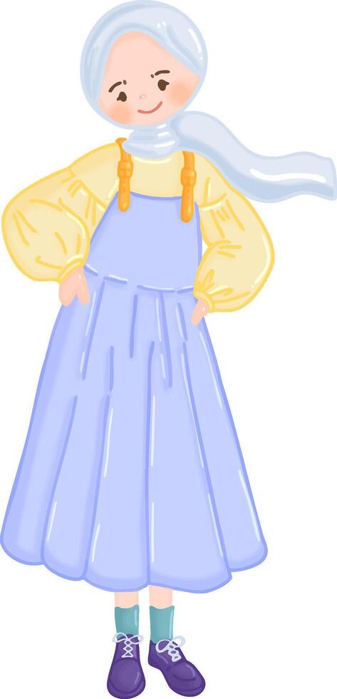 Charming Hijabi Girl in Pastel Overalls vector