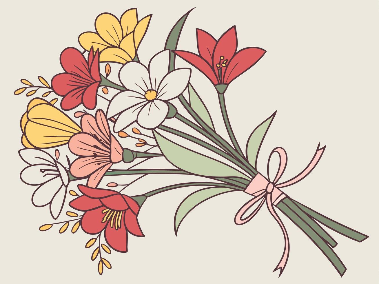 A cheerful mix of red, pink, yellow, and white flowers with delicate green stems, set against a neutral background, offering room for a message in the middle. vector