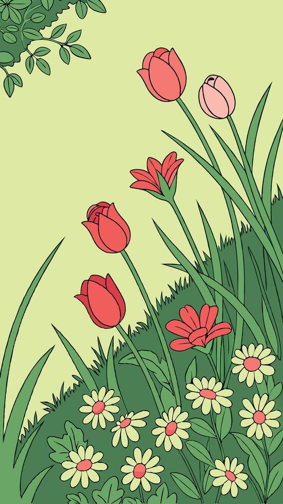 A blooming garden filled with multicolored flowers like red and pink roses, tulips, and daisies, set against a fresh green background, with space in the center for text. vector