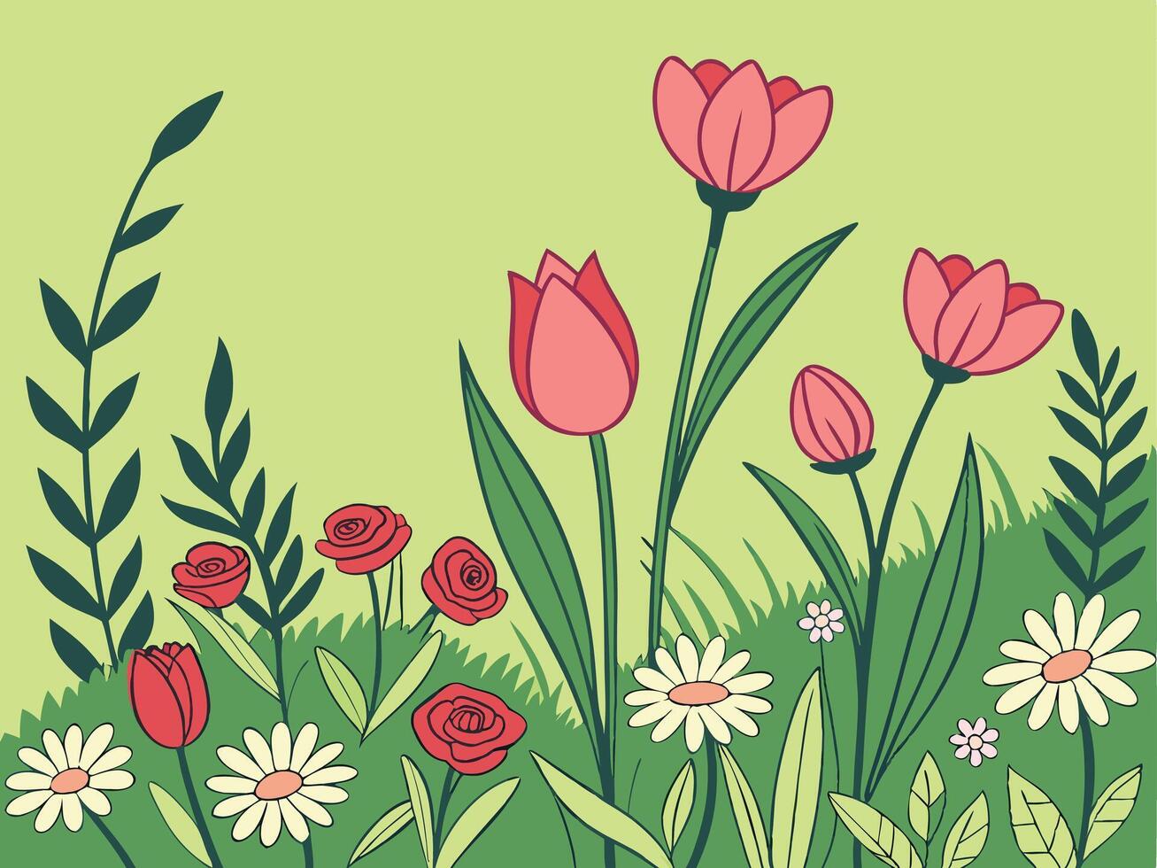 A lively floral garden of red and pink roses, tulips, and daisies, against a bright green backdrop, leaving the center free for a text message. vector