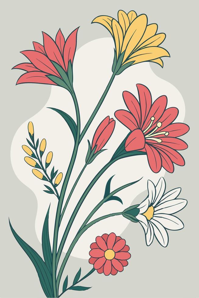 A vibrant collection of flowers in hues of red, pink, yellow, and white, with gentle green stems, placed on a subtle backdrop, leaving room for a message in the center. vector